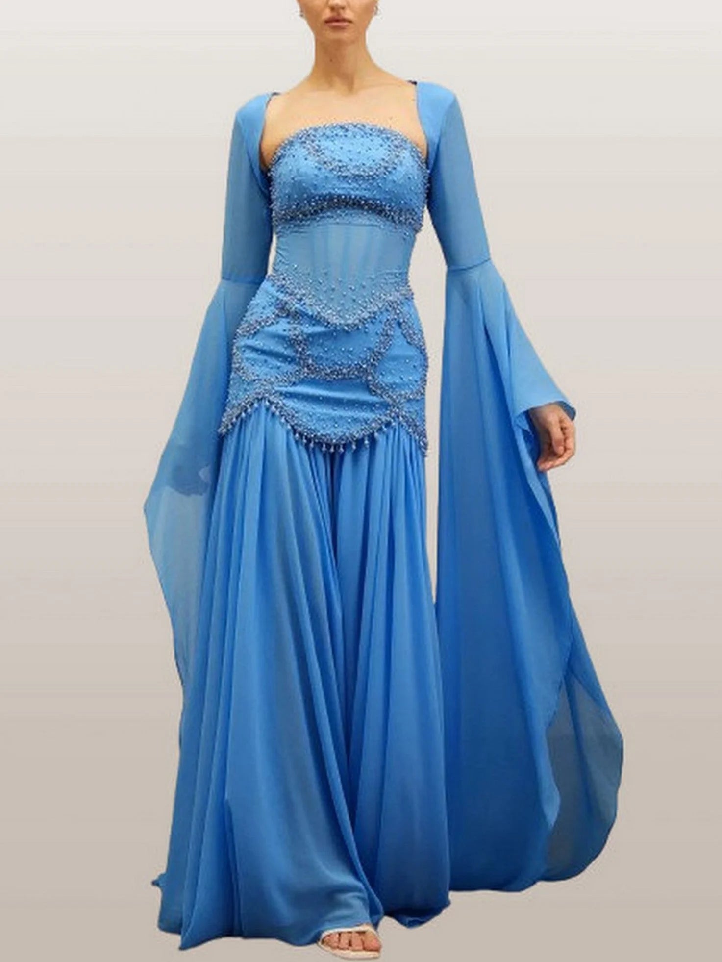 Embellished Gown with Detachable Shawl in Blue - Dresses