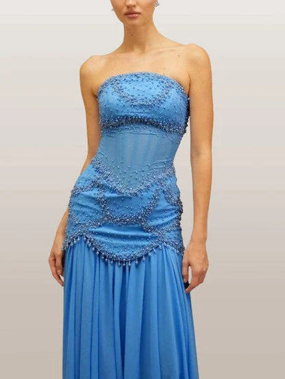 Embellished Gown with Detachable Shawl in Blue - Dresses