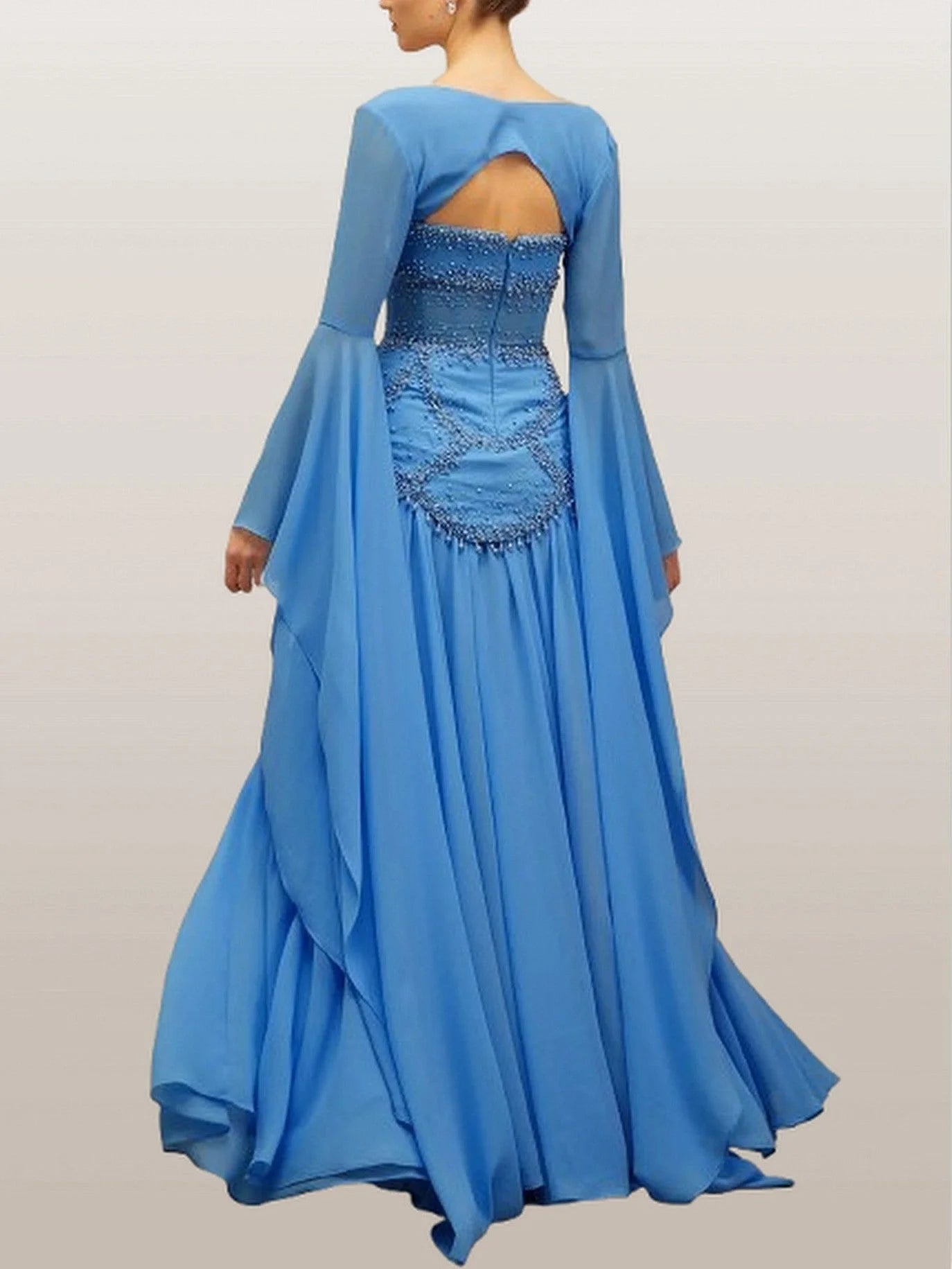 Embellished Gown with Detachable Shawl in Blue - Dresses