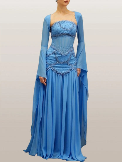 Embellished Gown with Detachable Shawl in Blue - XS - Dresses