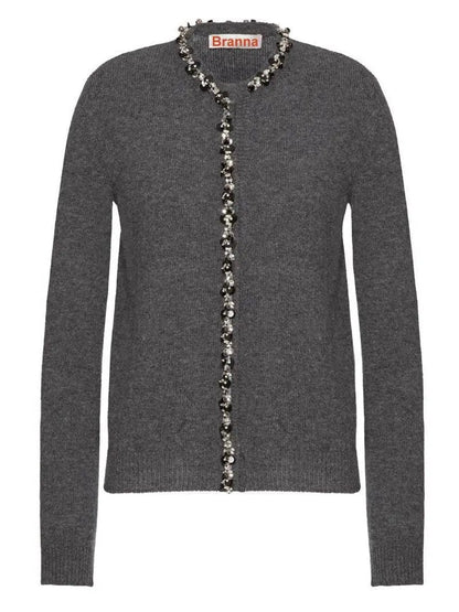 Embellished Gray Wool Cardigan Sweater - Sweaters & Knitwear