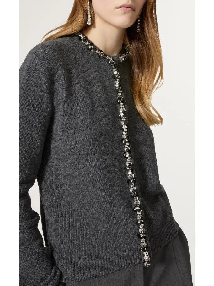 Embellished Gray Wool Cardigan Sweater - Sweaters & Knitwear