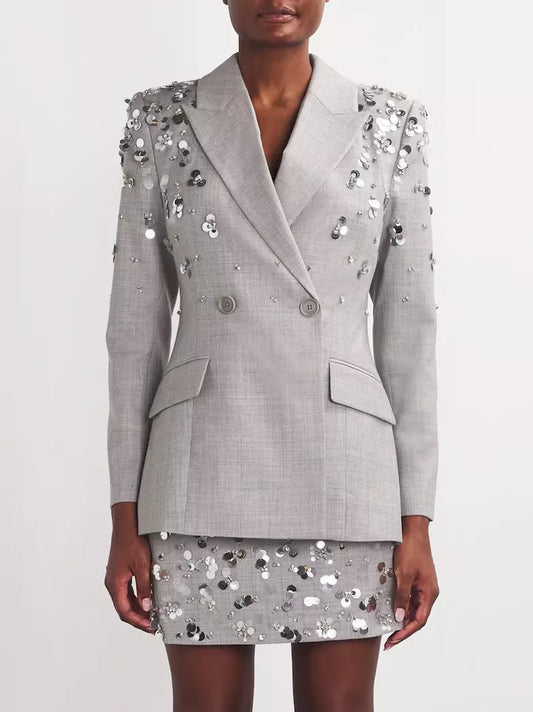 Embellished Grey Notched Collar Blazer and Mini Skirt Set displayed on model