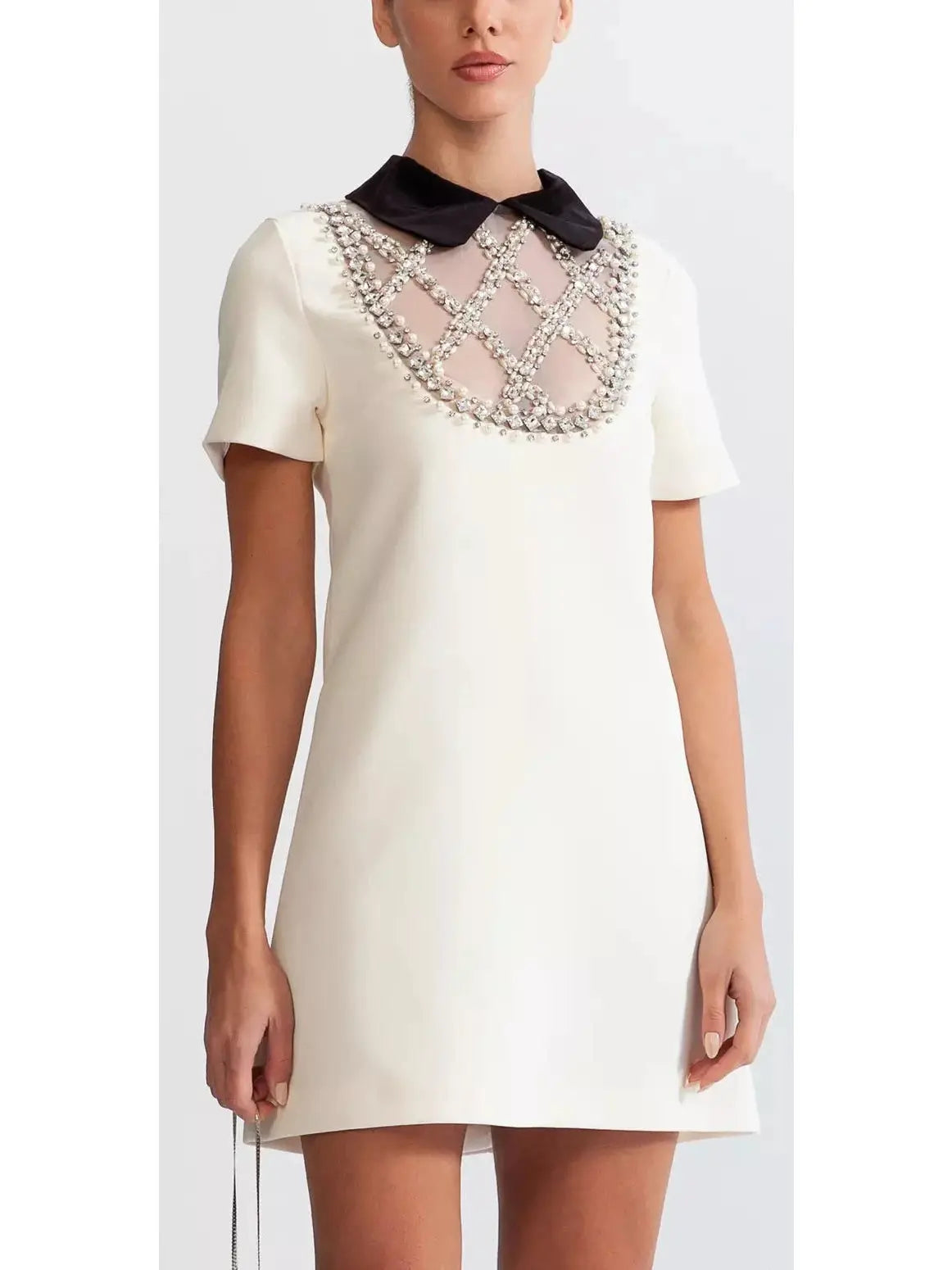 Embellished-Lattice Mini Dress - Dresses