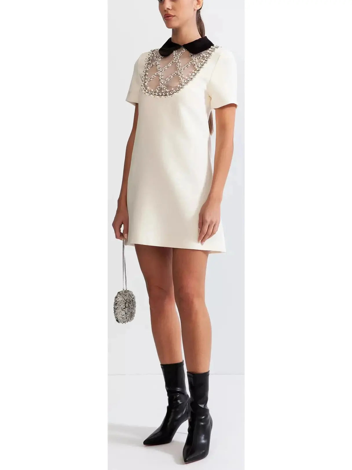 Embellished-Lattice Mini Dress - Dresses