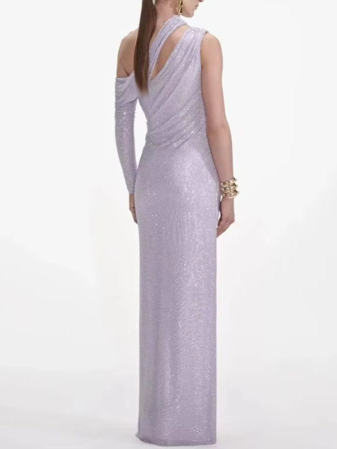 Embellished Lilac One-Shoulder Maxi Dress - Dresses