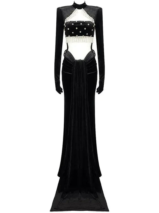 Embellished Long Cut-Out Velvet Gown with Sleeves - s - Dresses