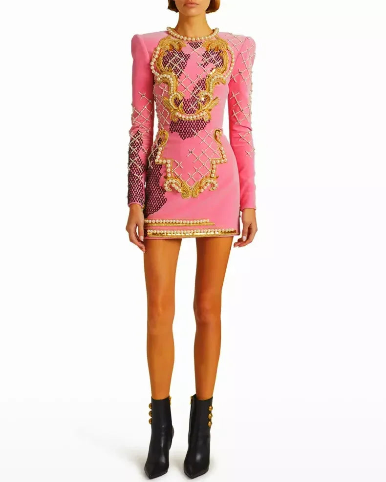 Embellished Long Sleeve Velvet Mini Dress - Dresses