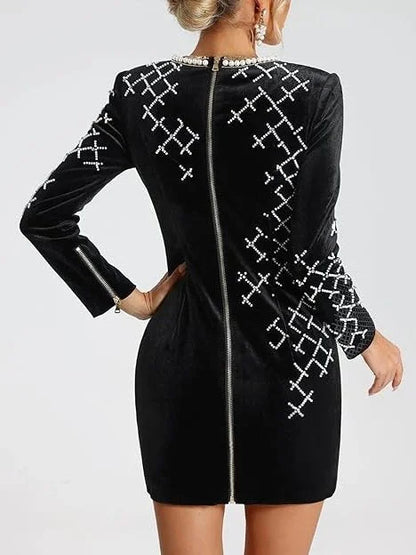 Embellished Long Sleeve Velvet Mini Dress - Dresses