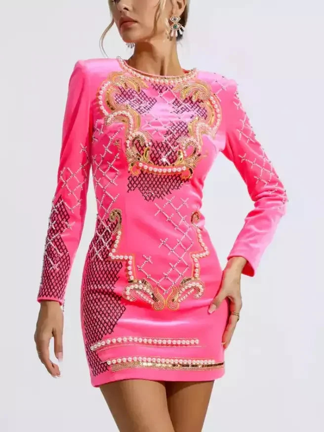 Embellished Long Sleeve Velvet Mini Dress - Dresses