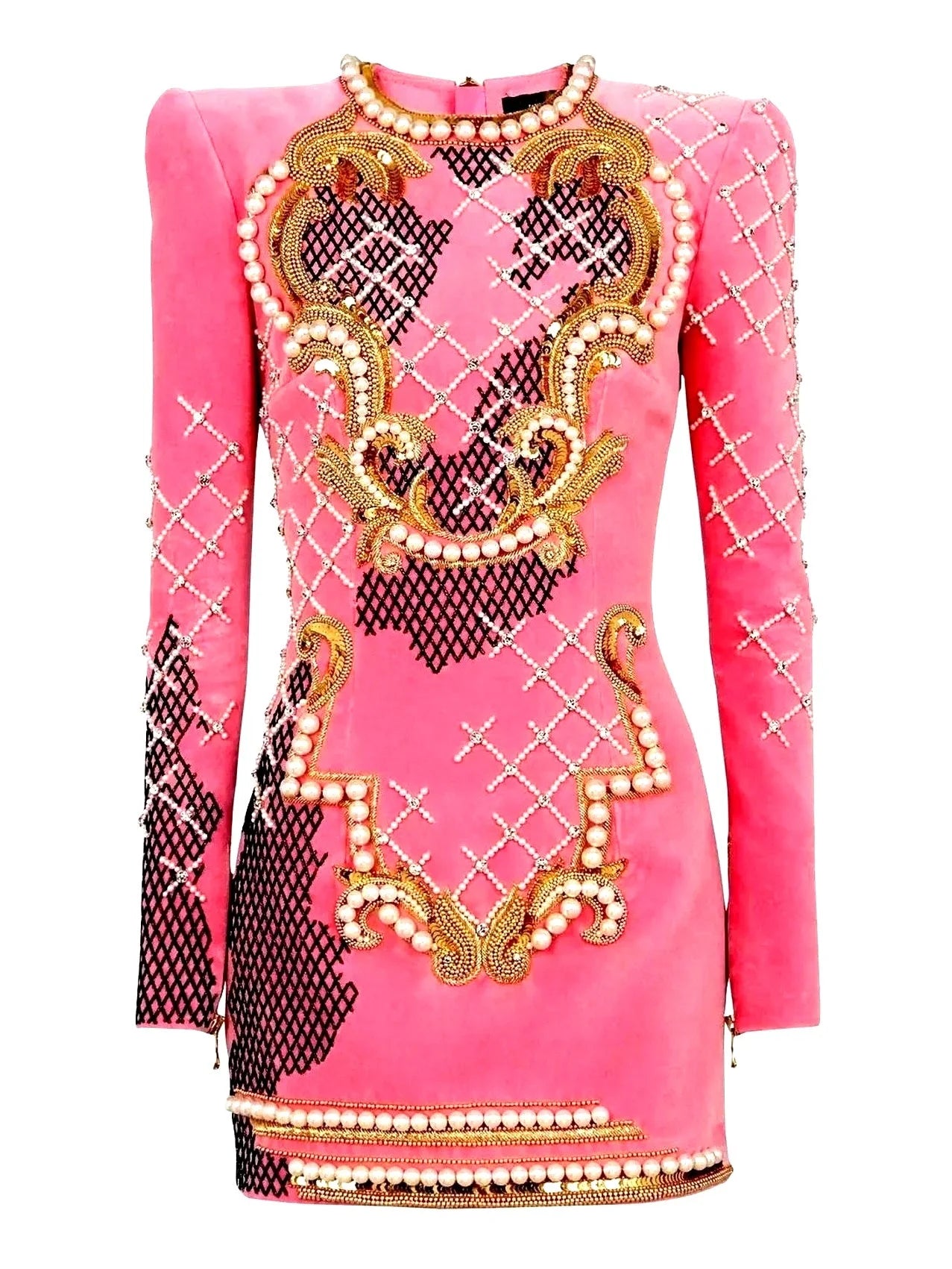 Embellished Long Sleeve Velvet Mini Dress - Dresses