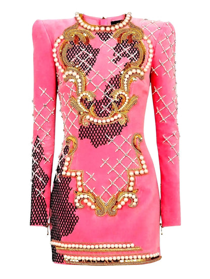 Embellished Long Sleeve Velvet Mini Dress - Dresses