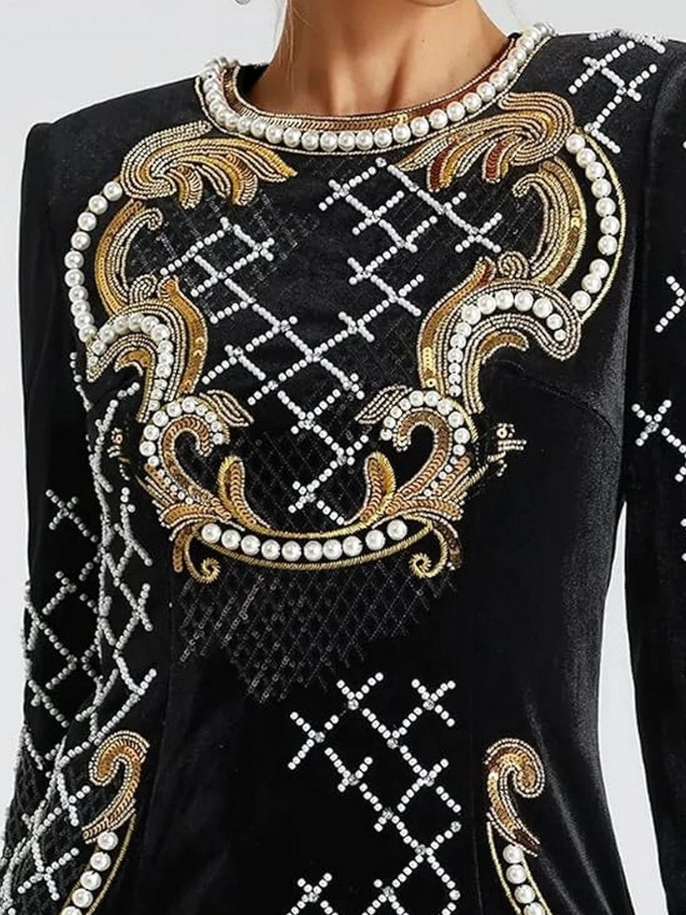 Embellished Long Sleeve Velvet Mini Dress - Dresses