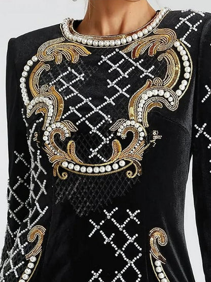 Embellished Long Sleeve Velvet Mini Dress - Dresses