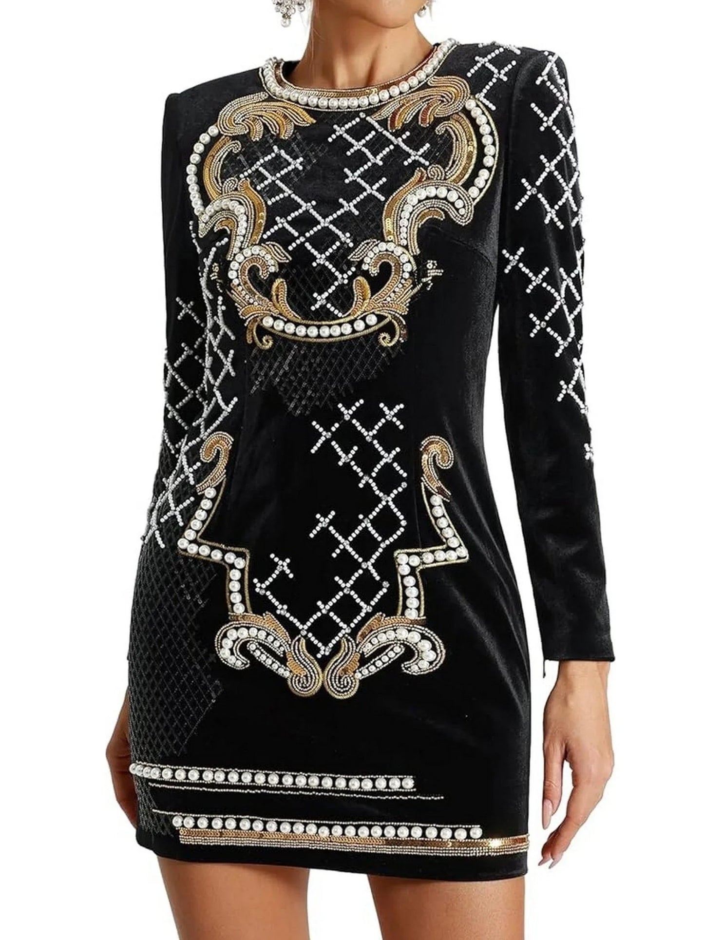 Embellished Long Sleeve Velvet Mini Dress - S / Black - Dresses