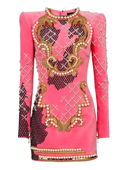Embellished Long Sleeve Velvet Mini Dress - S / Hot Pink - Dresses