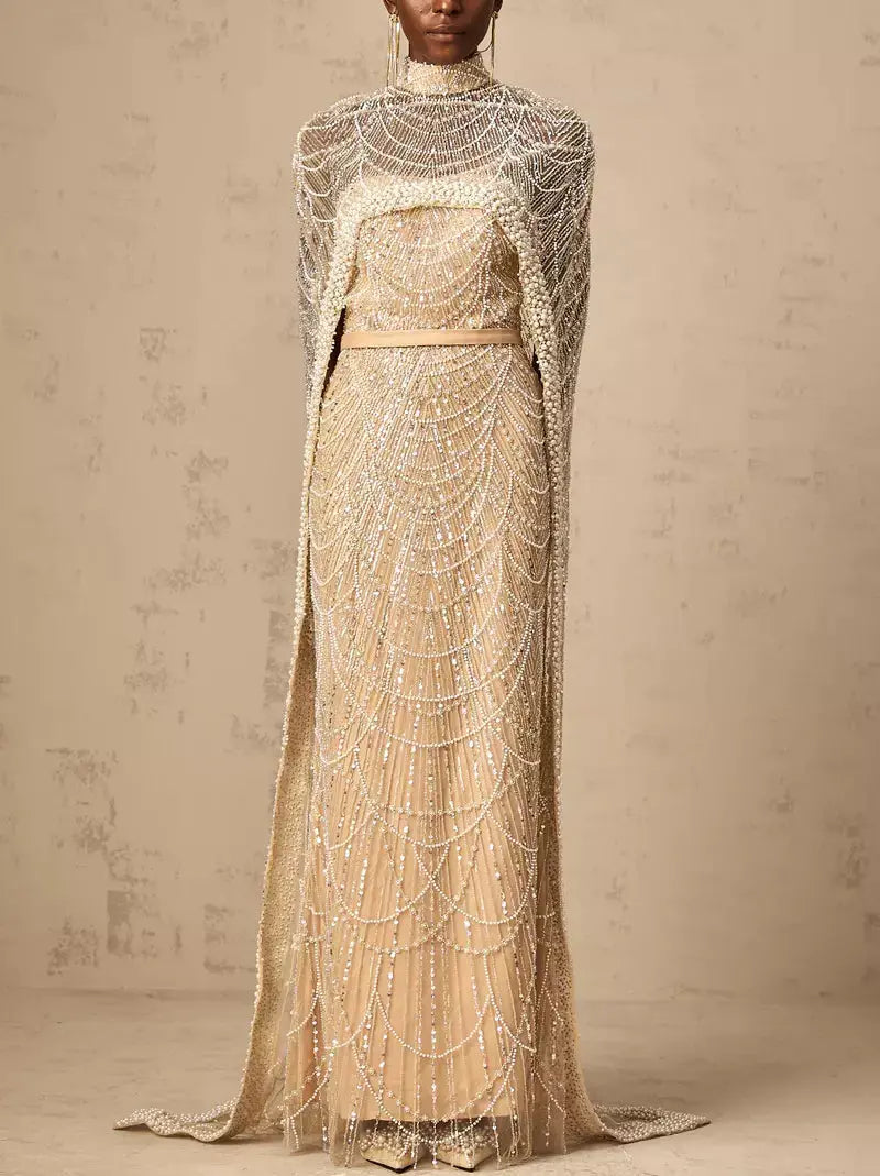 Embellished Long Sleeveless Gown with Matching Cape in Champagne - Dresses