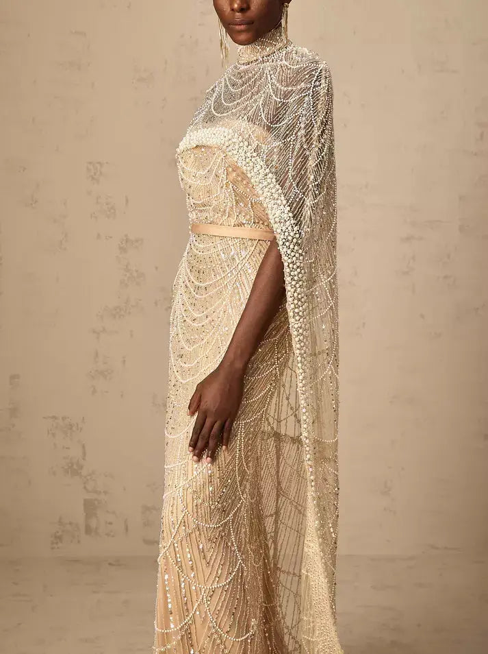 Embellished Long Sleeveless Gown with Matching Cape in Champagne - Dresses