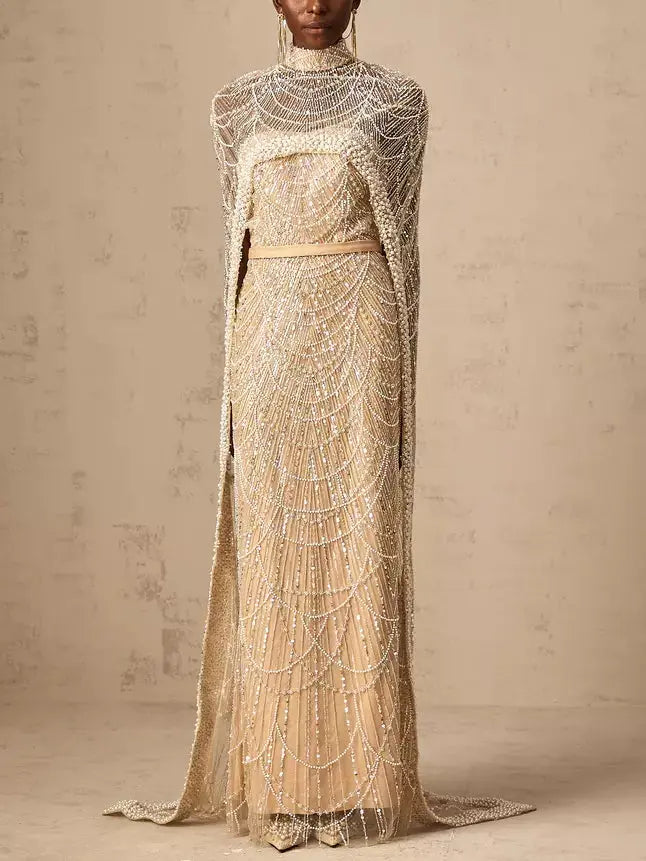 Embellished Long Sleeveless Gown with Matching Cape in Champagne - Dresses