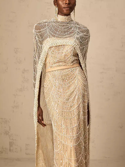 Embellished Long Sleeveless Gown with Matching Cape in Champagne - Dresses