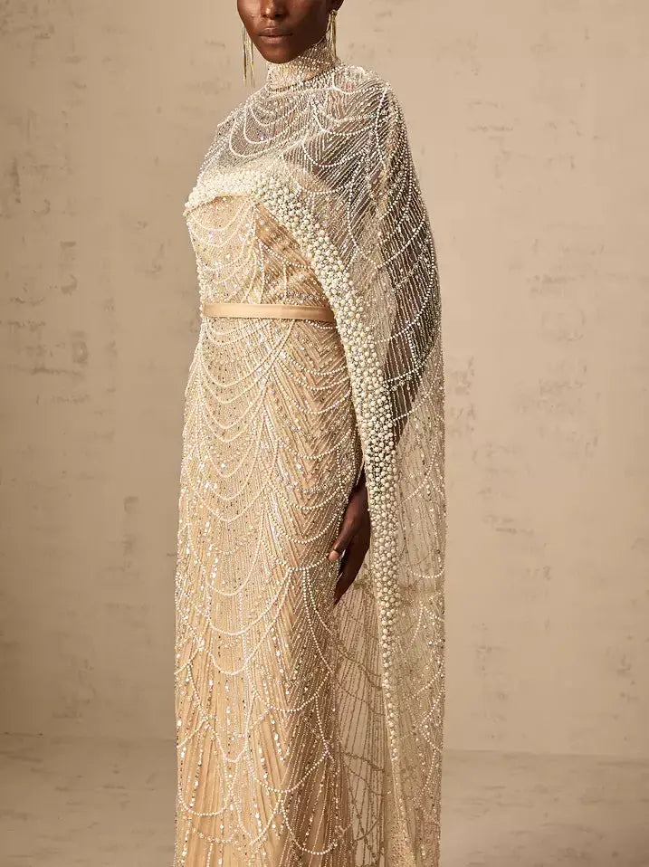 Embellished Long Sleeveless Gown with Matching Cape in Champagne - Dresses