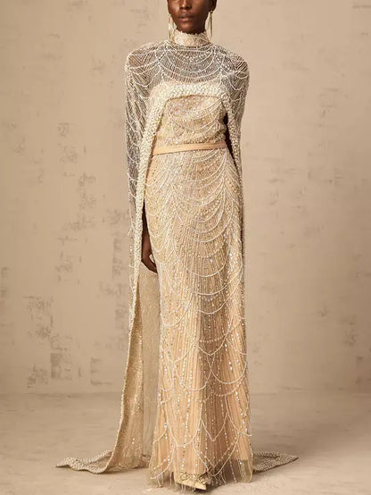 Embellished Long Sleeveless Gown with Matching Cape in Champagne - Dresses