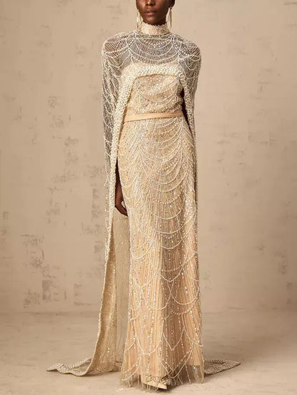 Embellished Long Sleeveless Gown with Matching Cape in Champagne - Dresses