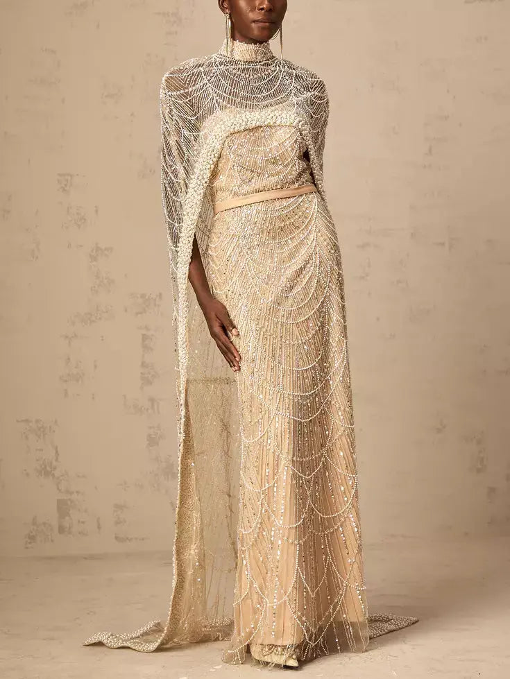 Embellished Long Sleeveless Gown with Matching Cape in Champagne - Dresses