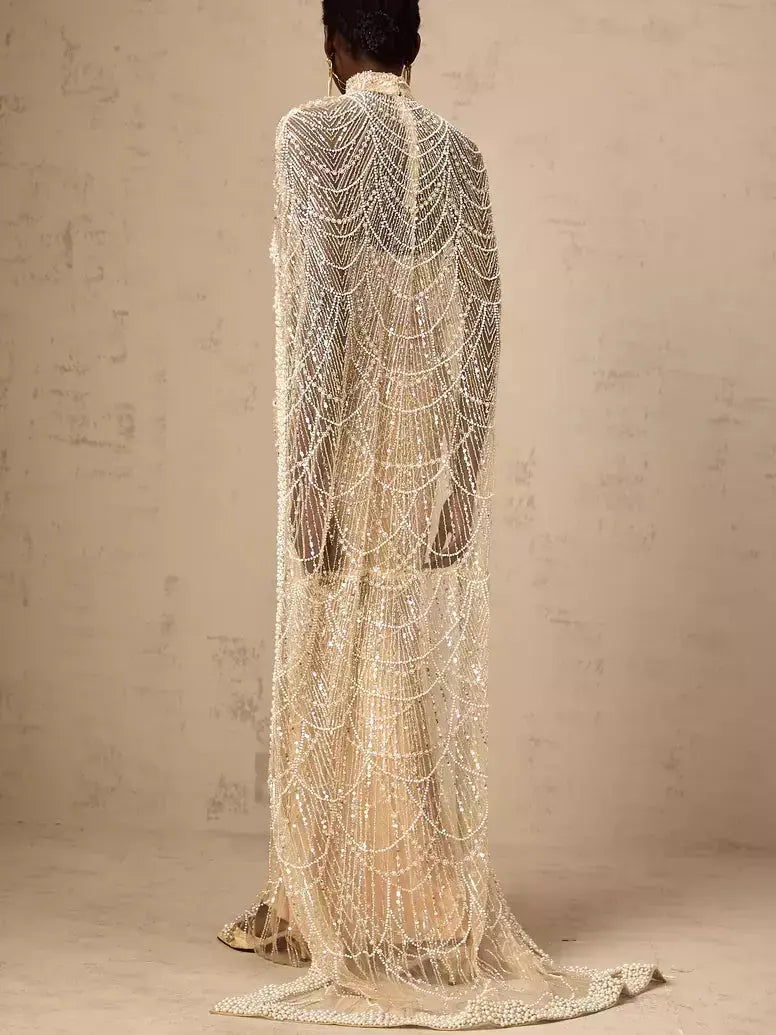 Embellished Long Sleeveless Gown with Matching Cape in Champagne - Dresses