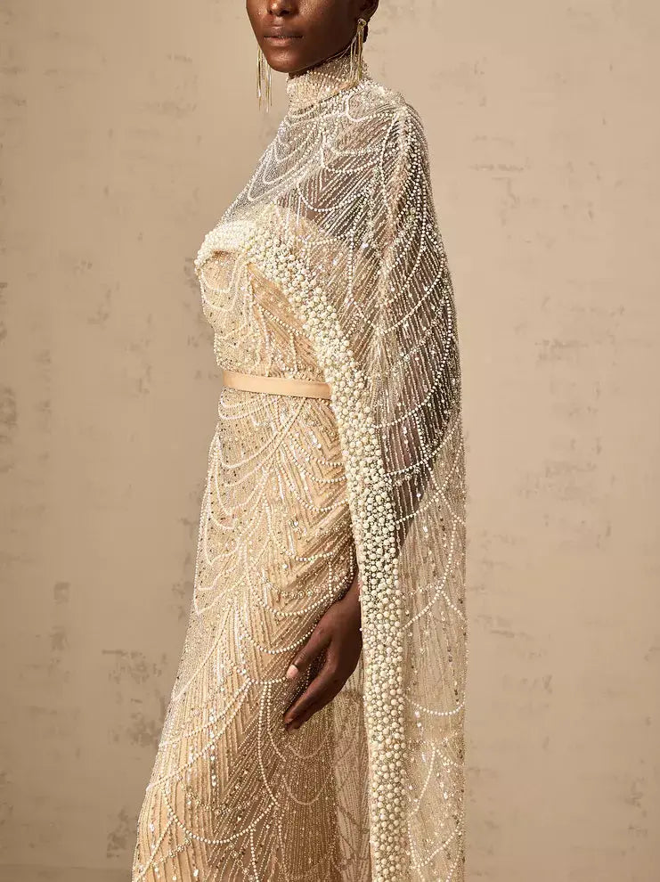 Embellished Long Sleeveless Gown with Matching Cape in Champagne - Dresses