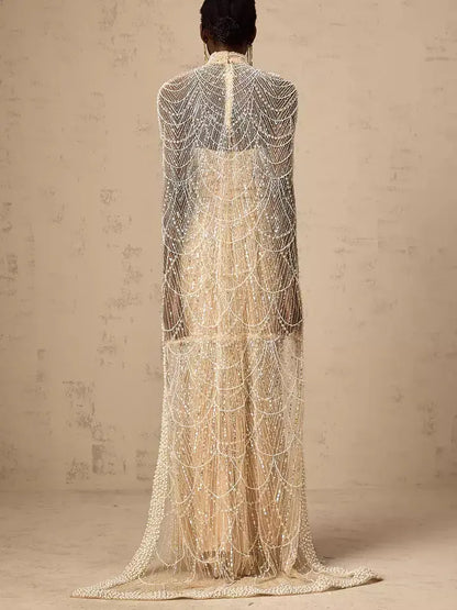 Embellished Long Sleeveless Gown with Matching Cape in Champagne - Dresses