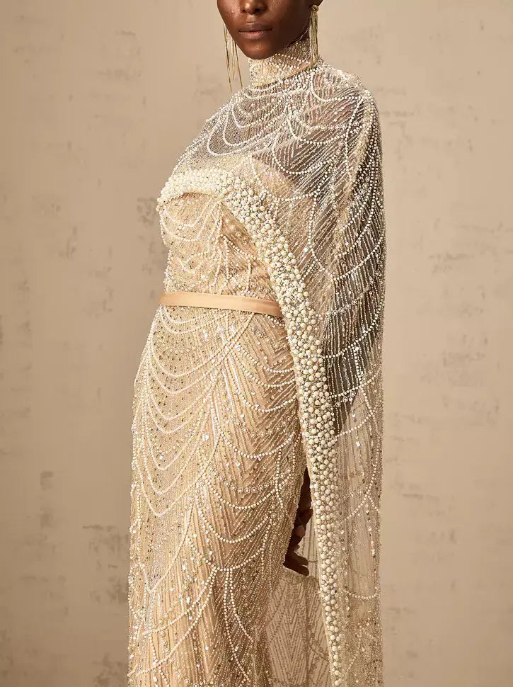 Embellished Long Sleeveless Gown with Matching Cape in Champagne - Dresses