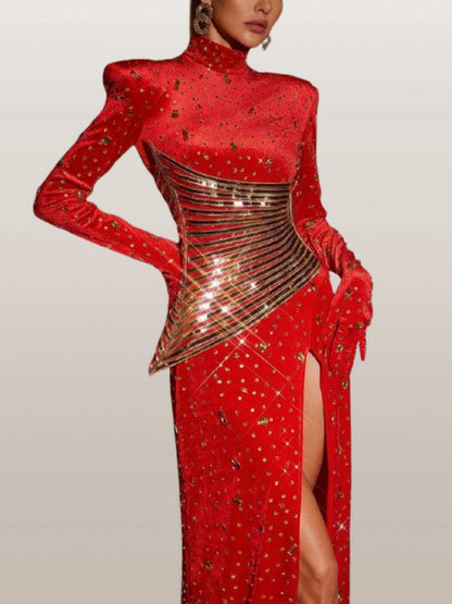 Embellished Maxi Dress with Paneling and High Slit - Dresses