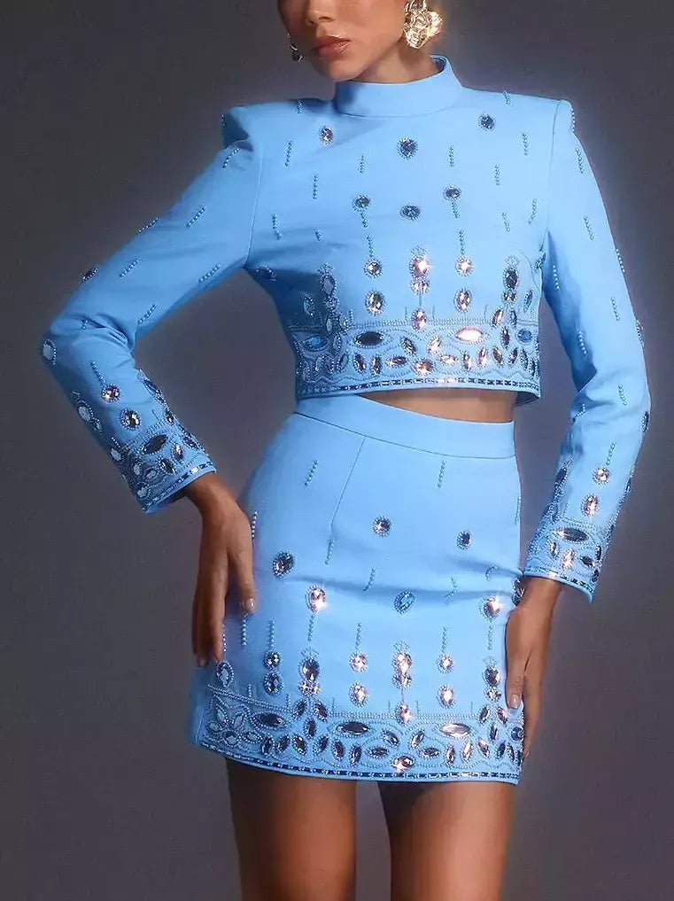 Embellished Mock-Neck Crop Top and Mini Skirt Set - Suits & Sets