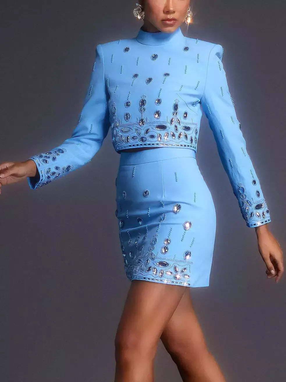 Embellished Mock-Neck Crop Top and Mini Skirt Set - Suits & Sets