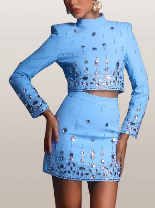 Embellished Mock-Neck Crop Top and Mini Skirt Set - Suits & Sets