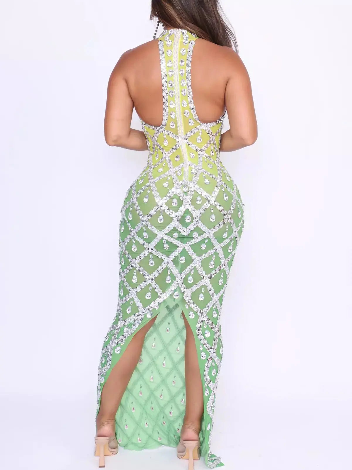 Embellished Ombre Halterneck Maxi Dress in Green and Yellow - Dresses