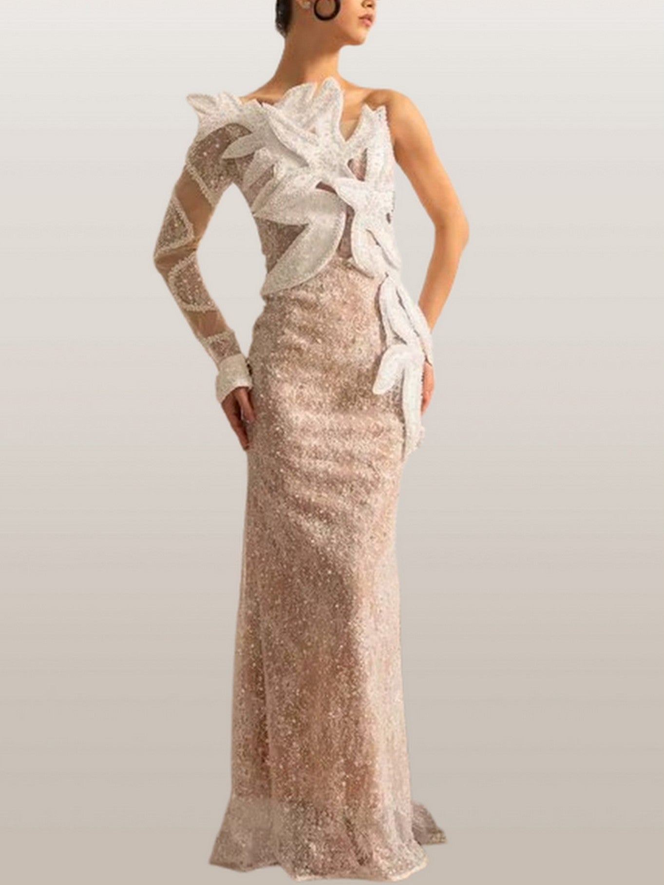 Embellished One-Sleeve White Gown with Appliques - Dresses