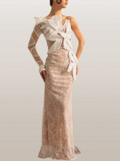 Embellished One-Sleeve White Gown with Appliques - Dresses
