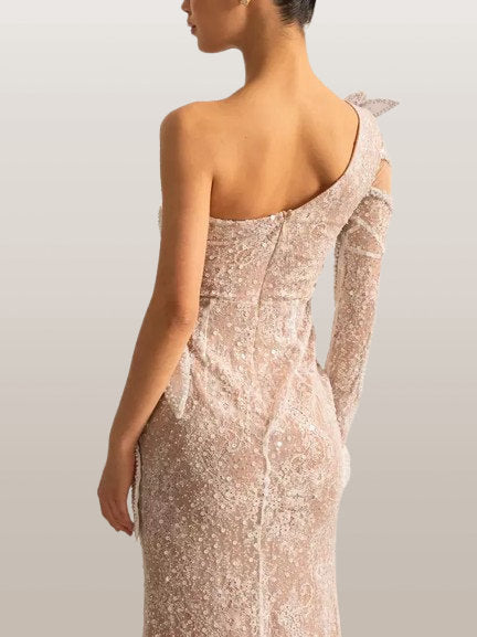 Embellished One-Sleeve White Gown with Appliques - Dresses