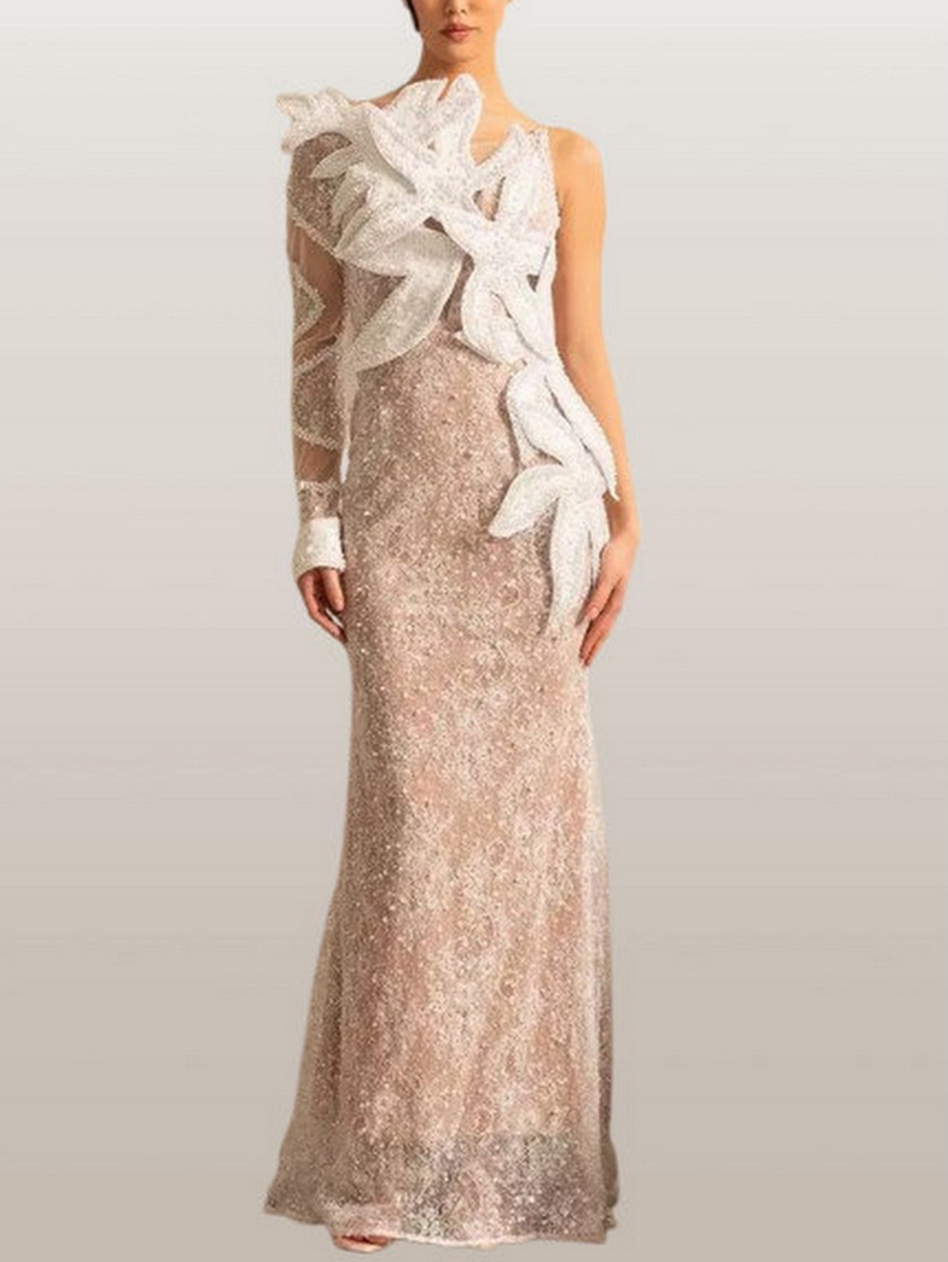 Embellished One-Sleeve White Gown with Appliques - Dresses