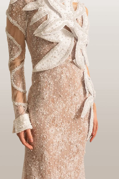 Embellished One-Sleeve White Gown with Appliques - Dresses