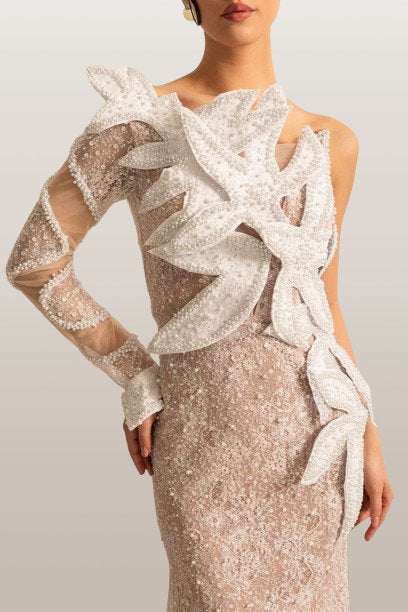 Embellished One-Sleeve White Gown with Appliques - Dresses