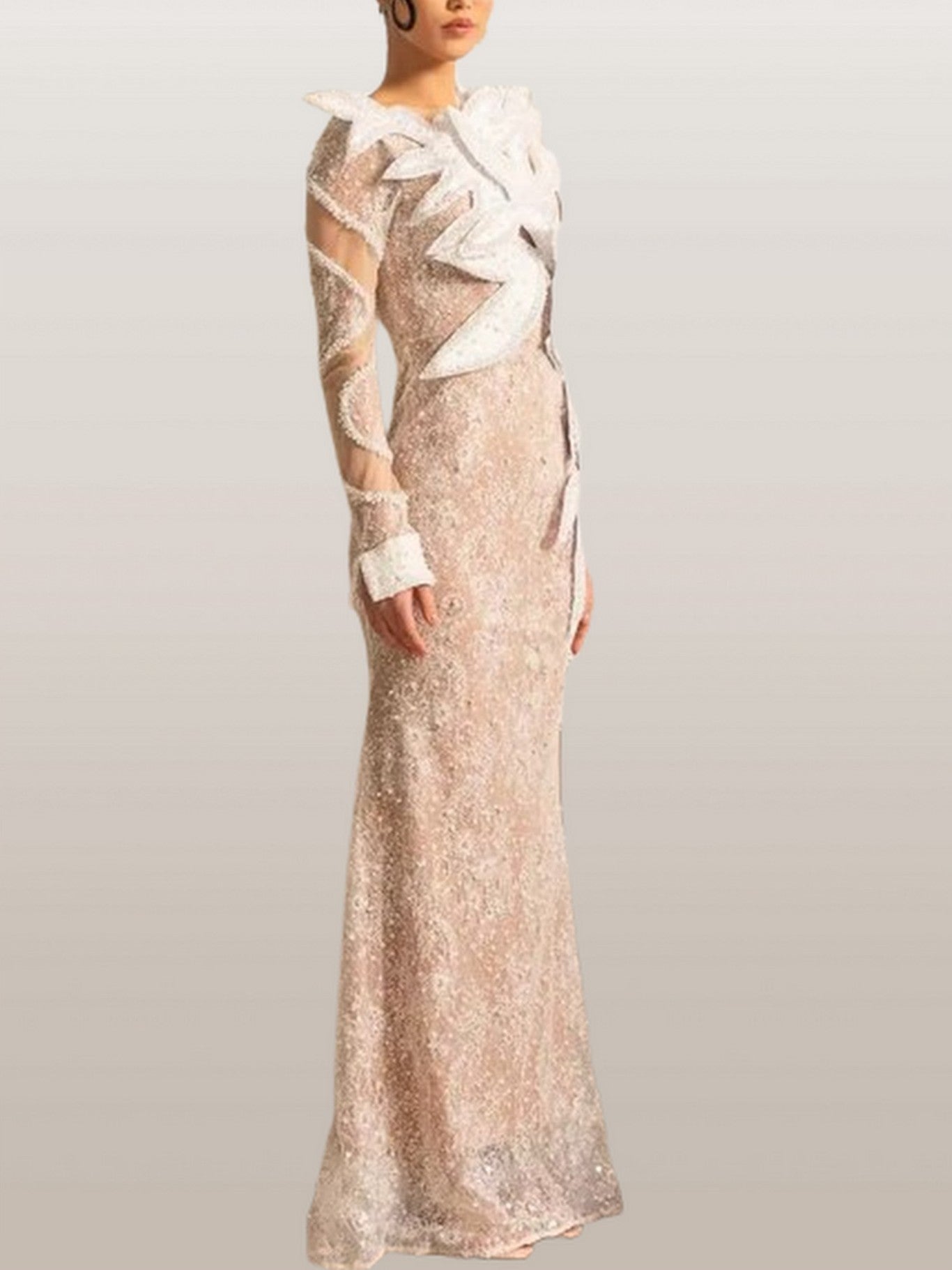 Embellished One-Sleeve White Gown with Appliques - Dresses