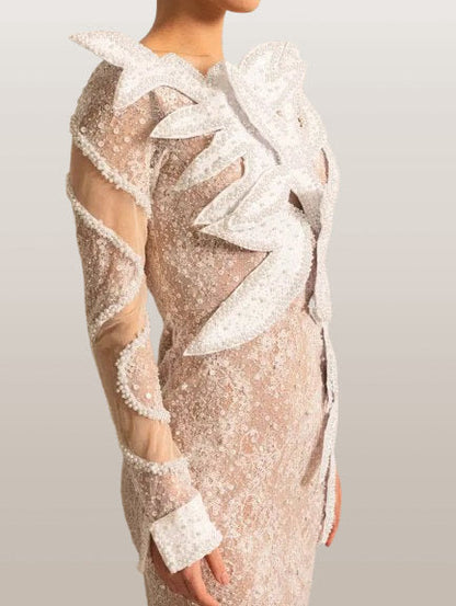 Embellished One-Sleeve White Gown with Appliques - Dresses
