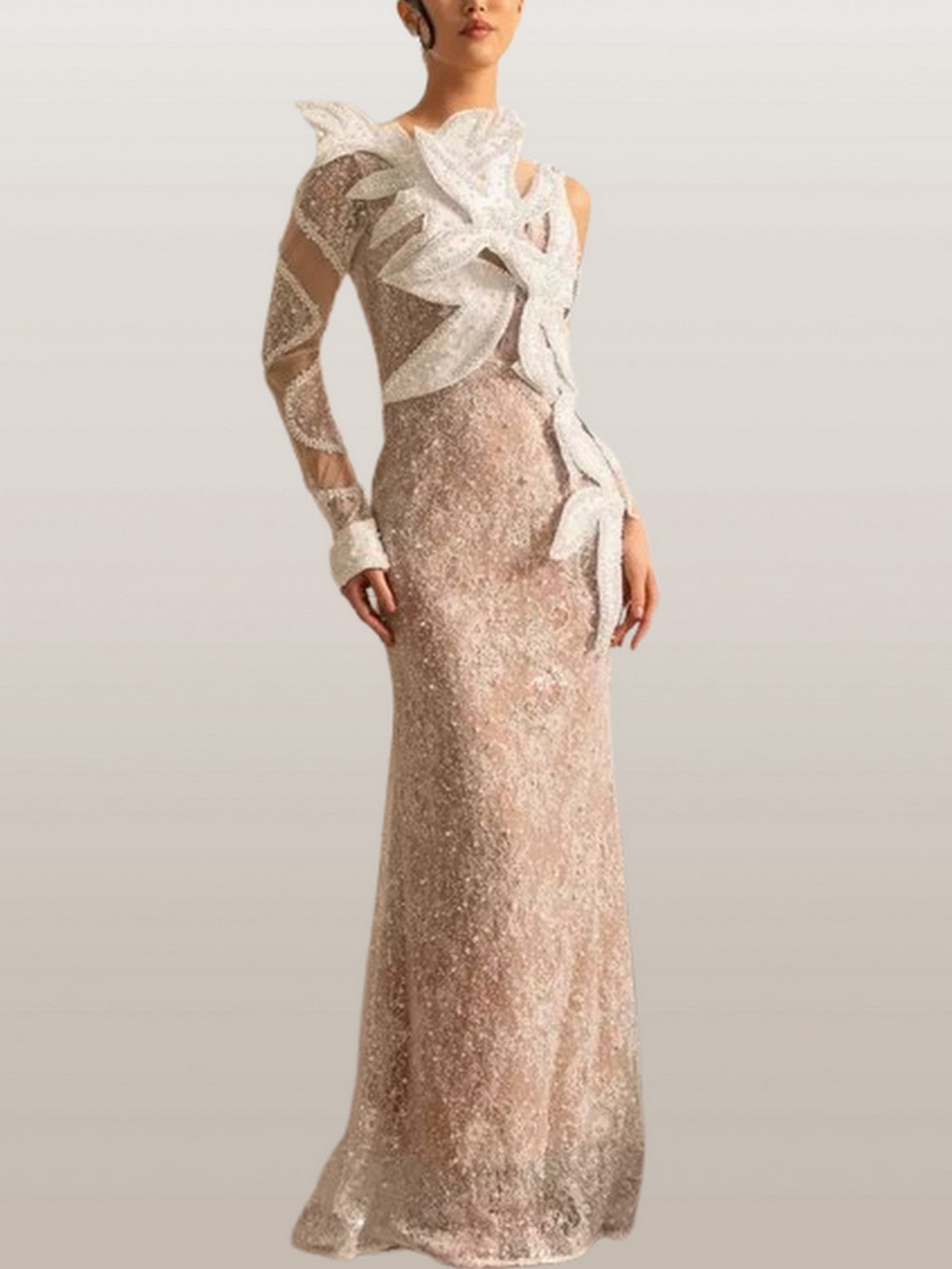 Embellished One-Sleeve White Gown with Appliques - Dresses