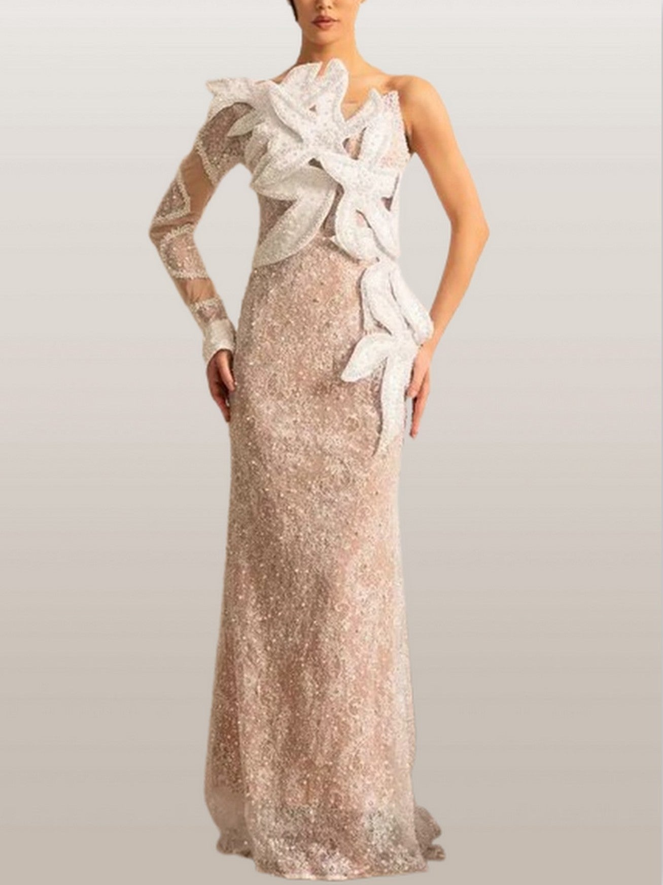 Embellished One-Sleeve White Gown with Appliques - Dresses