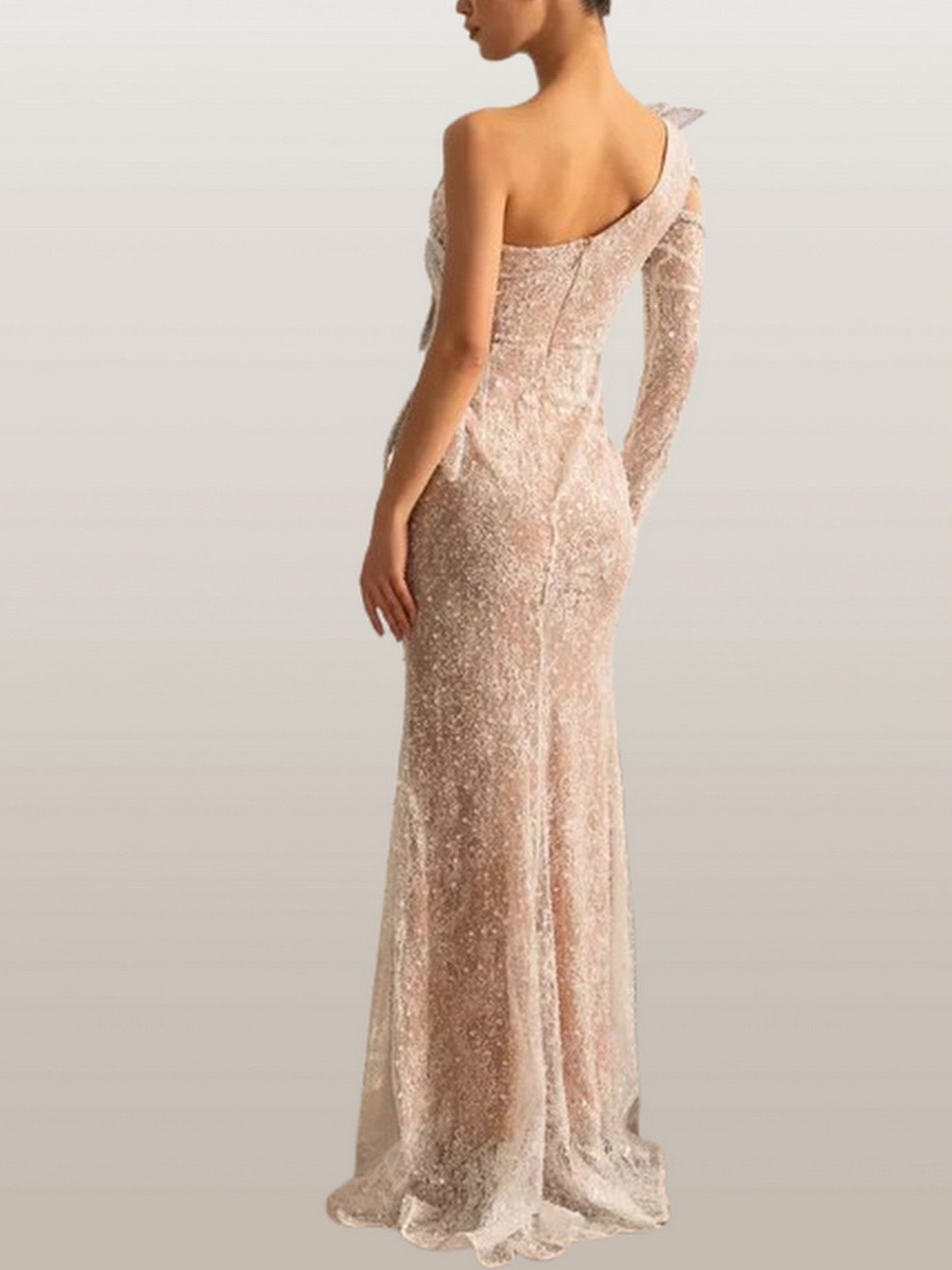 Embellished One-Sleeve White Gown with Appliques - Dresses