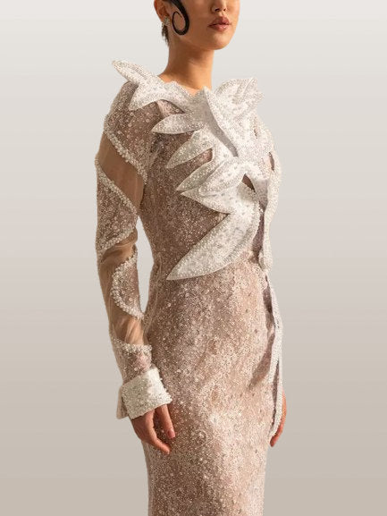 Embellished One-Sleeve White Gown with Appliques - Dresses