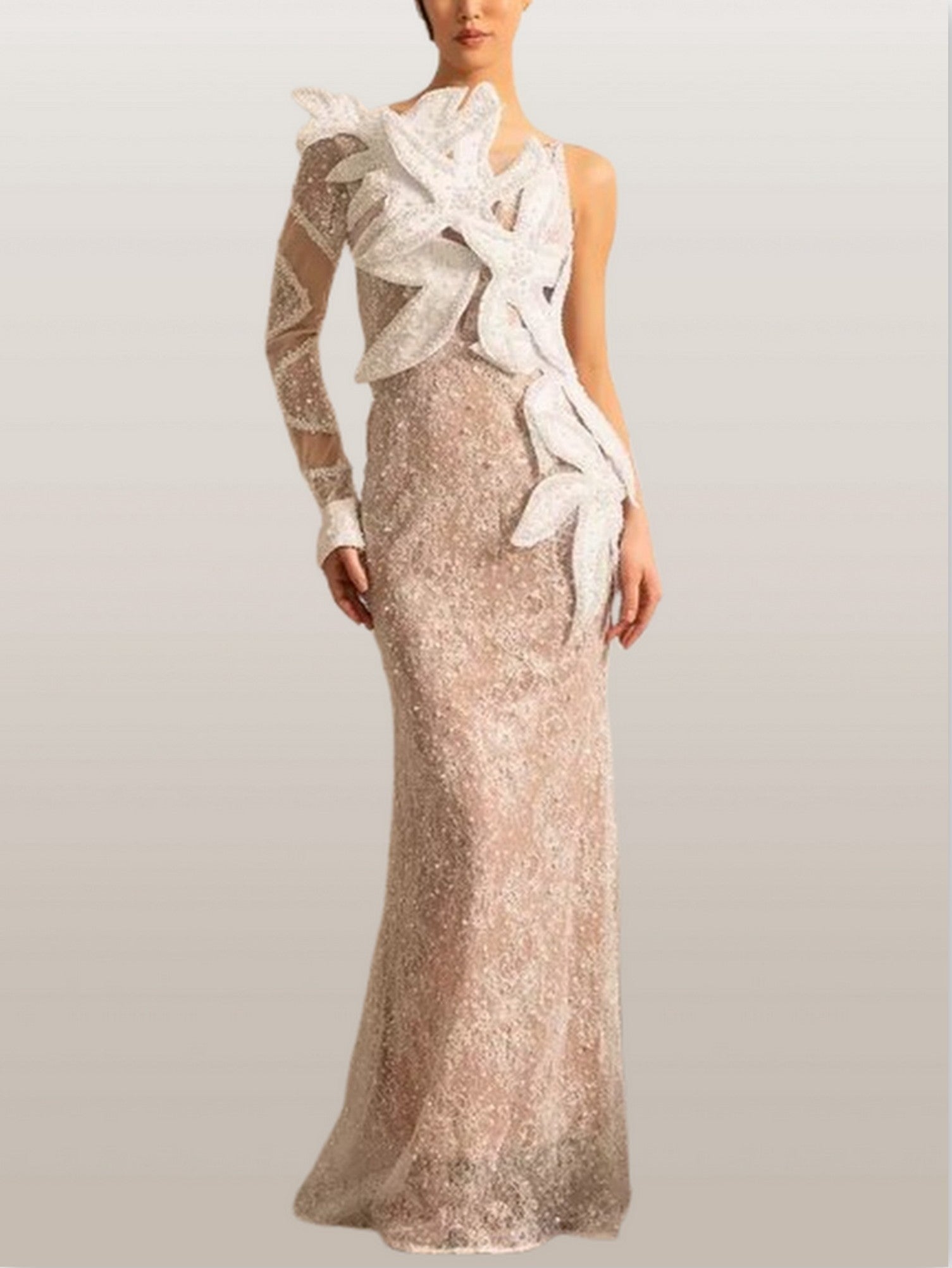 Embellished One-Sleeve White Gown with Appliques - Dresses